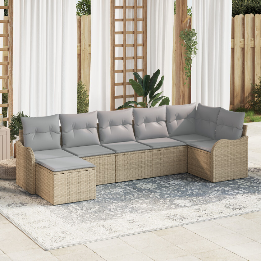7 Delt Hagesofa Sett med Puter Beige Poly Rottin, 2-seters Hagesofa med Oppbevaring & Puter Beige Poly Rottin