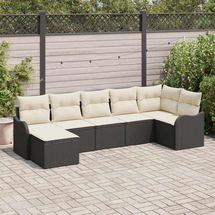 7-Delt Hagesofa Sett med Puter Svart Poly Rattan, 2-seters Hagesofa med Oppbevaring & Puter Svart Poly Rattan