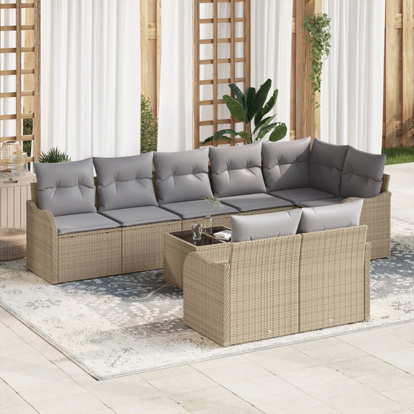 9 Deler Hage Sofa Sett med Puter Svart Poly Rattan, 2-seters Hage Sofa med Oppbevaring & Puter Beige Poly Rattan