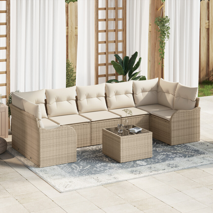 8-delt Hagesofa Set med puter Beige Poly Rattan, 2-seters Hagesofa med lagring & puter Beige Poly Rattan