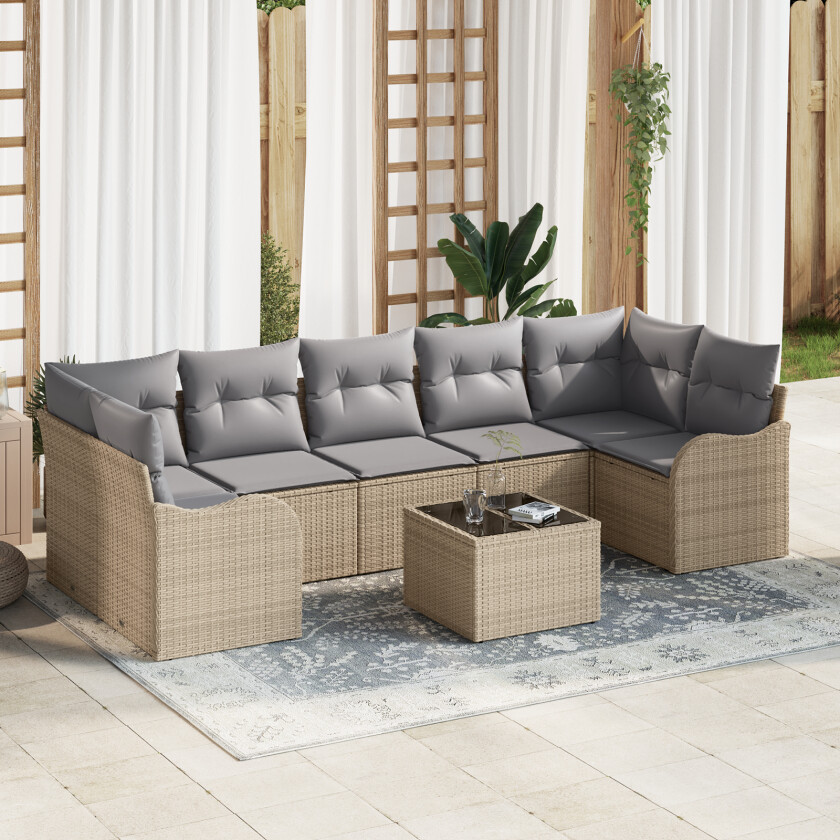 8 delers hage sofa sett med puter beige poly rattan, 2-seters hage sofa med lagring & puter beige poly rattan