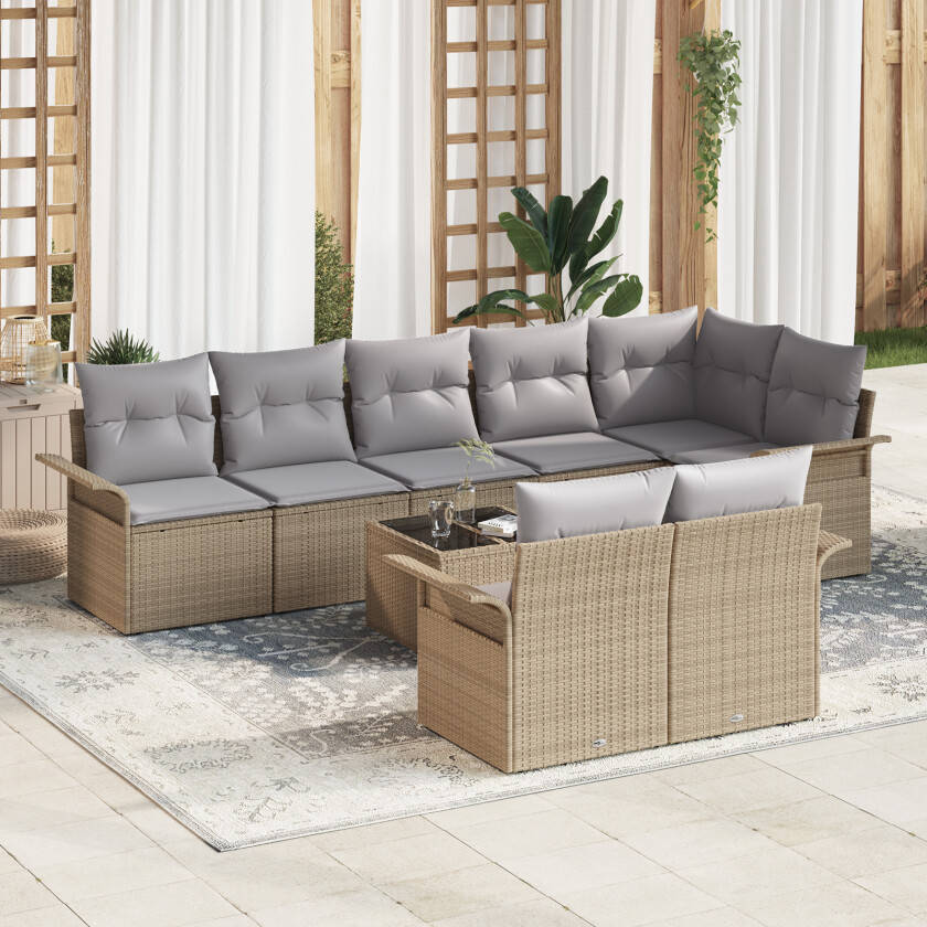 9 Delt Hage Sofa Set med Puter i Svart Poly Rattan, 2-seters Hage Sofa med Lager & Puter i Beige Poly Rattan