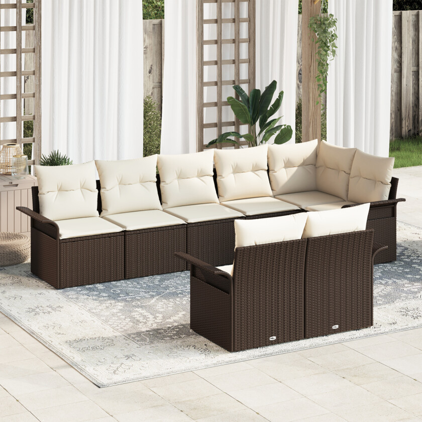 8-delt Hagesofa Set med Puter Brun Poly Rattan, 2-seters Hagesofa med Oppbevaring & Puter Brun Poly Rattan