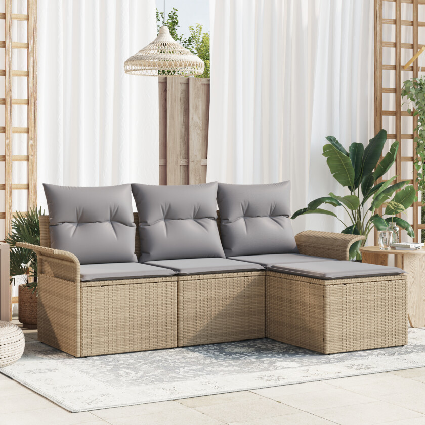 4 Delt Hagesofa Set med Puter Beige Polyrotting, 2-seters Hagesofa med Oppbevaring & Puter Beige Polyrotting