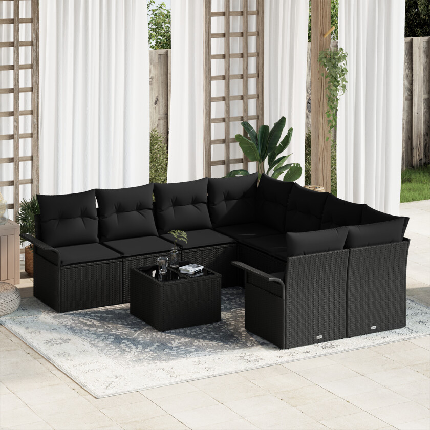 9-delt Hagesofa Set med Puter Svart Poly Rattan, 2-seters Hagesofa med Lagring og Puter Svart Poly Rattan