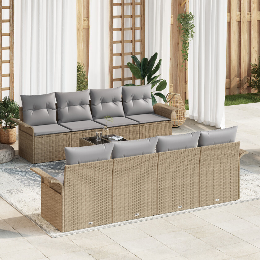 9-delt hagesofa sett med puter beige poly rattan, 2-seters hagesofa med oppbevaring og puter beige poly rattan