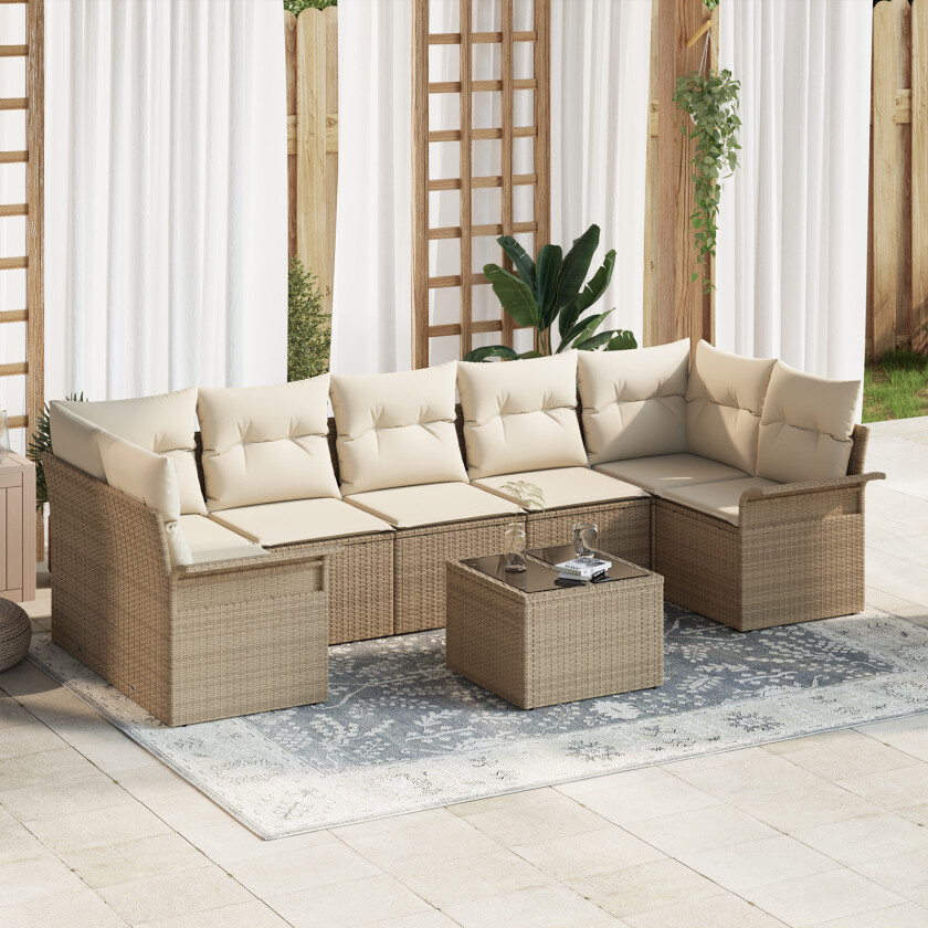 8 Delt Hage Sofa Sett med Puter Beige Poly Rotting, 2-seters Hage Sofa med Oppbevaring & Puter Beige Poly Rotting