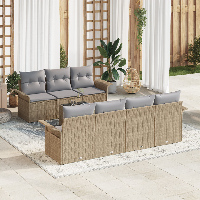 8 Delt Hage Sofa Sett med Puter Beige Poly Rattan, 2-seters Hage Sofa med Oppbevaring & Puter Beige Poly Rattan