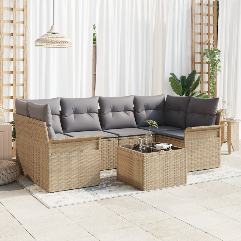 7 Delt Hage Sofa Set med Puter Beige Poly Rotting, 2-seters Hage Sofa med Oppbevaring og Puter Beige Poly Rotting