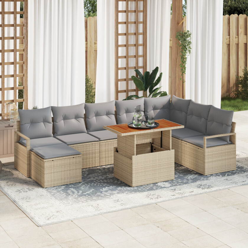 9-delers hagesofa sett med puter beige poly rattan akasia, 2-seters hagesofa med puter beige poly rattan