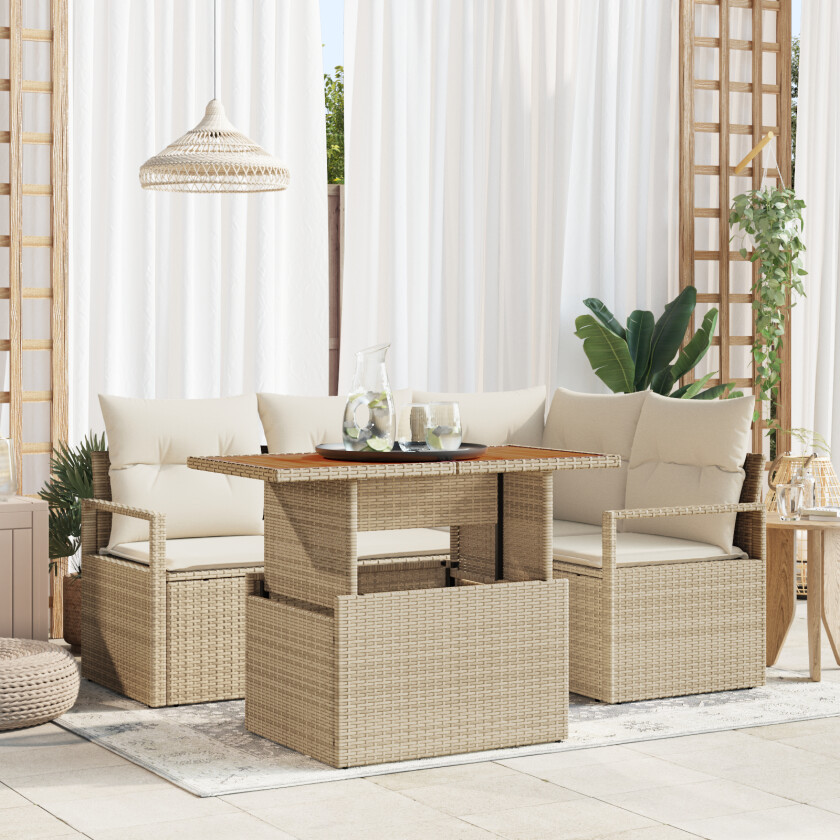 5 Delers Hagemøbelsett Med Puter Beige Poly Rattan Akasie, 2-Seter Hagesofa Med Puter Beige Poly Rattan