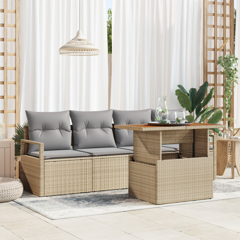 5 delt hagesofa sett med puter beige poly rattan akasie, 2-seters hagesofa med puter beige poly rattan