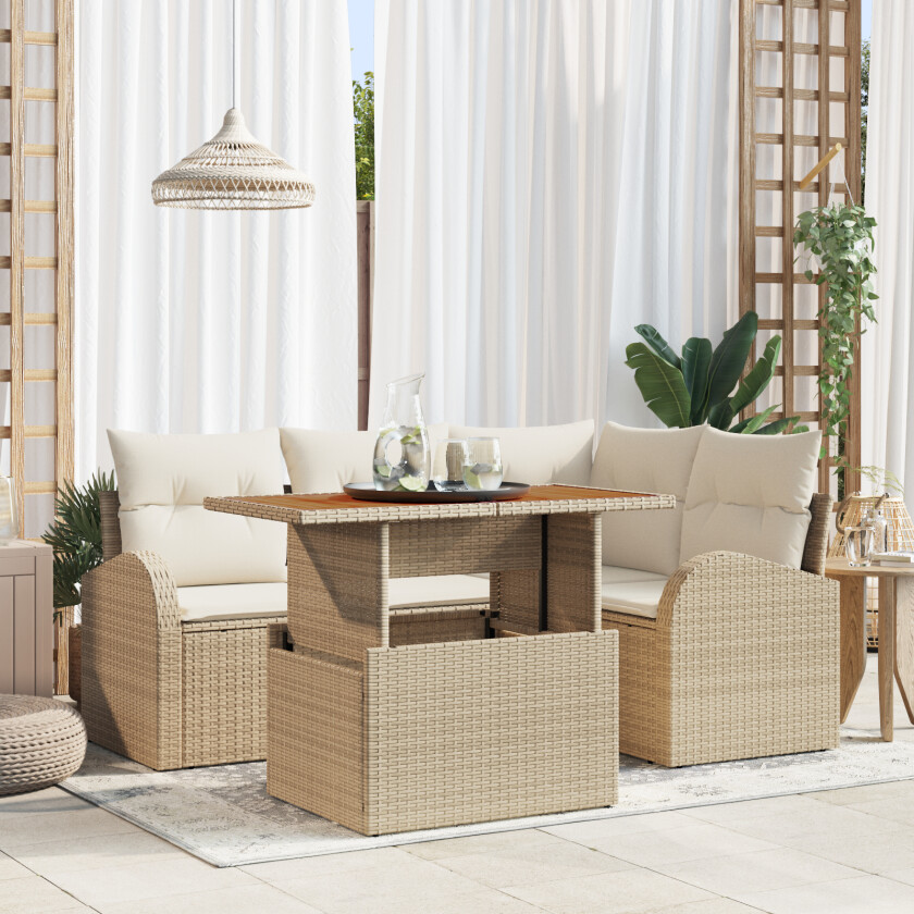 5-delt hage spisegruppe med puter Beige Poly Rattan Akacia