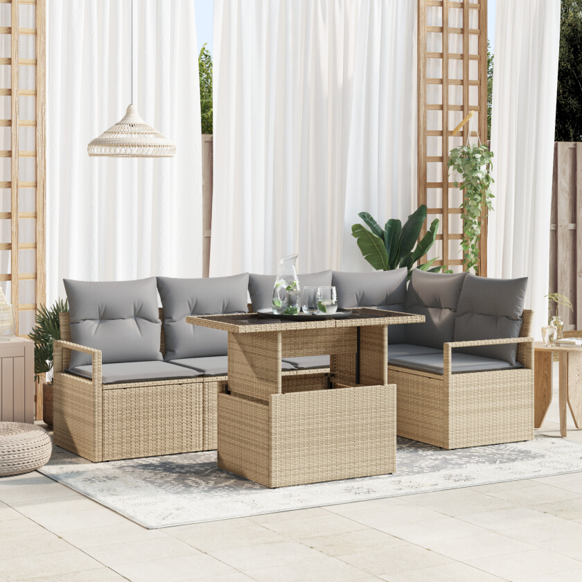 6-delt hagesofa sett med puter beige poly rattan, 2-seters hagesofa med puter beige poly rattan