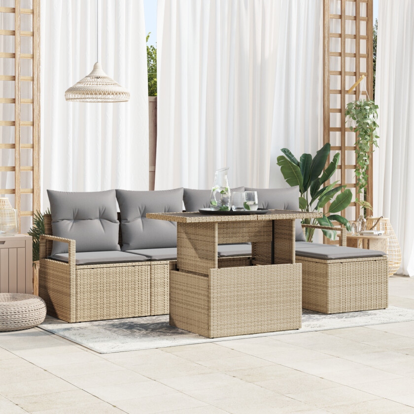 6-delt hagemøbelsett med puter beige Poly Rattan, 2-seters hagemøbelsofa med puter beige Poly Rattan