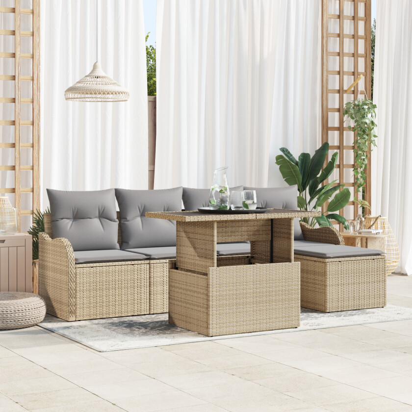 6-delt Hagesofa Sett med Puter Beige Poly Rattan, 2-seters Hagesofa med Puter Beige Poly Rattan