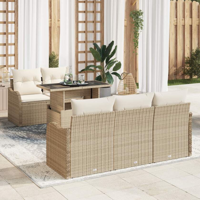 6 Delt Hagesofa Sett med Puter Beige Poly Rattan, 2-seters Hagesofa med Puter Beige Poly Rattan