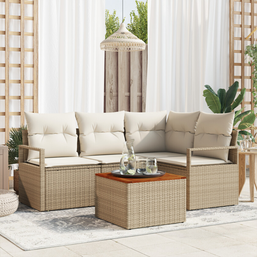 5 Delt Hagesofa Sett med Puter Beige Poly Rattan Akasietre, 2-seters Hagesofa med Puter Beige Poly Rattan