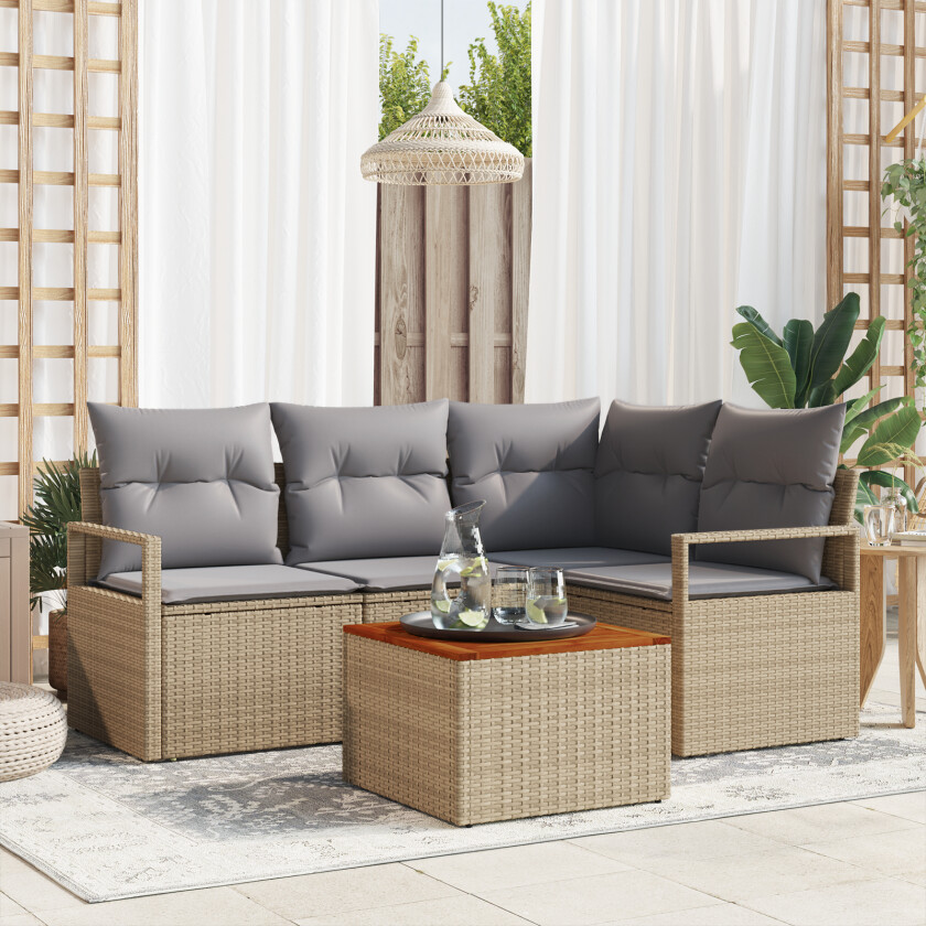 5 Delers Hage Sofa Set Med Puter Beige Poly Rattan Akacia, 2-seters Hage Sofa Med Puter Beige Poly Rattan