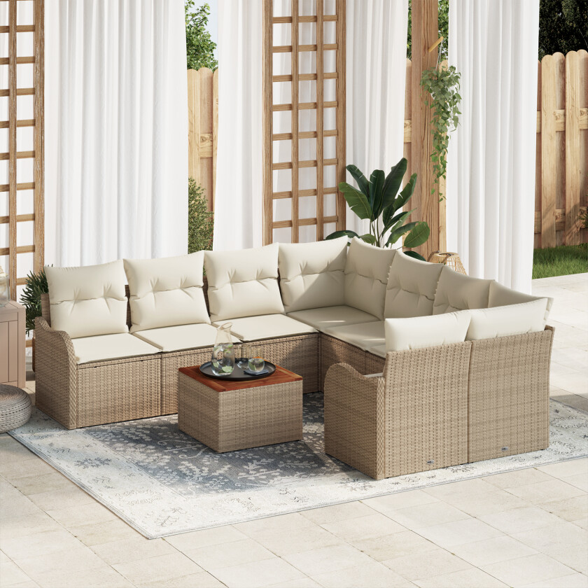 9-delt hage sofa sett med puter beige poly rattan akasie, 2-seters hage sofa med puter beige poly rattan
