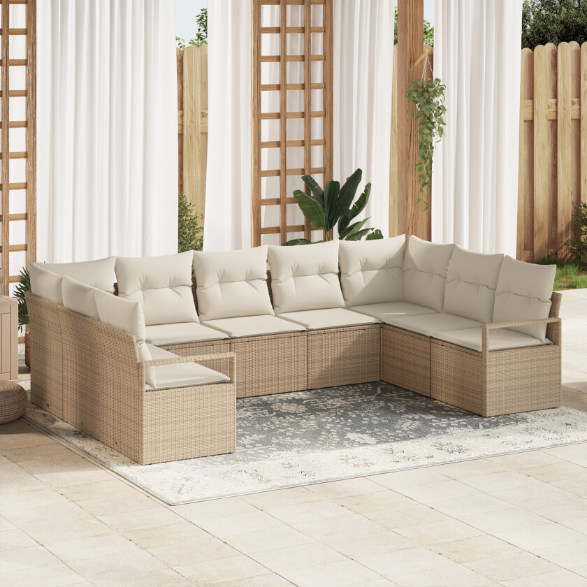 9-delt hagesofa sett med puter beige poly rattan, 2-seters hagesofa med puter beige poly rattan