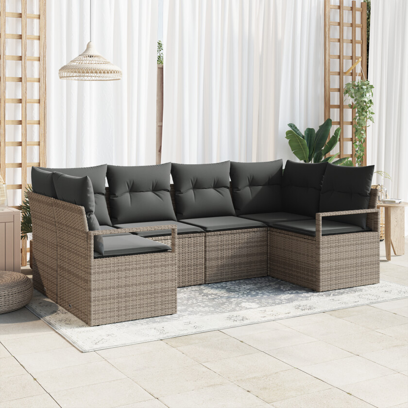 6 Delt Hage Sofa Set med Puter Grå Poly Rattan, 2-seters Hage Sofa med Puter Grå Poly Rattan