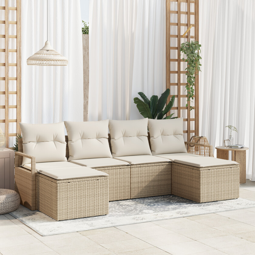 6-delers hagesofa sett med puter beige poly rotting, 2-seters hagesofa med puter beige poly rotting
