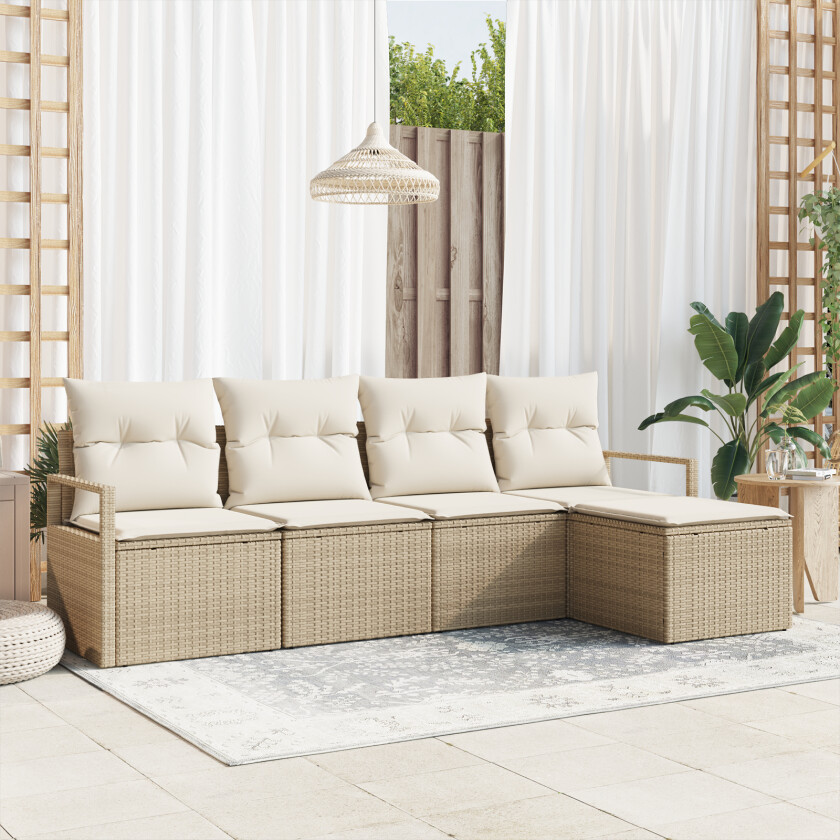 5 Delt Hagesofa Set med Puter Beige Poly Rattan, 2-seters Hagesofa med Puter Beige Poly Rattan