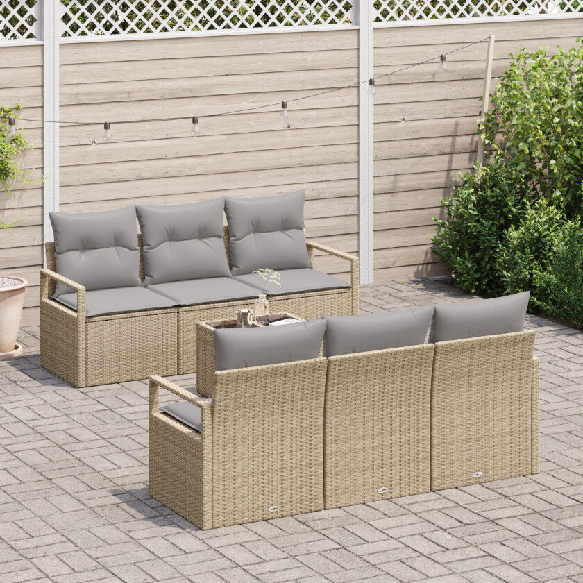 7 Deler Hagesofa Set med Puter Beige Polyrotting, 2-seters Hagesofa med Puter Beige Polyrotting