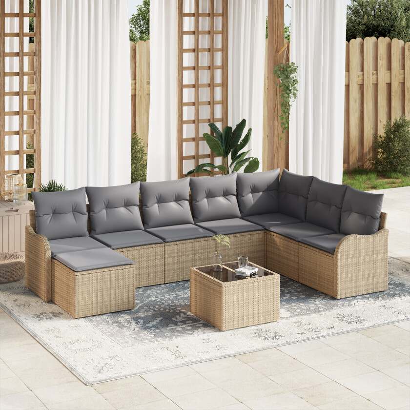 9-delers hagesofa-sett med puter svart poly rattan, 2-seters hagesofa med puter beige poly rattan