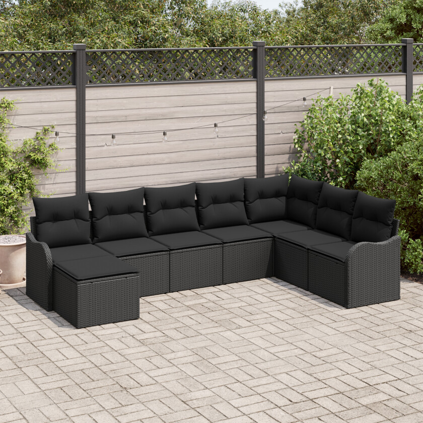 8-delt Hage Sofa Sett med Puter Svart Poly Rattan, 2-seters Hage Sofa med Puter Svart Poly Rattan
