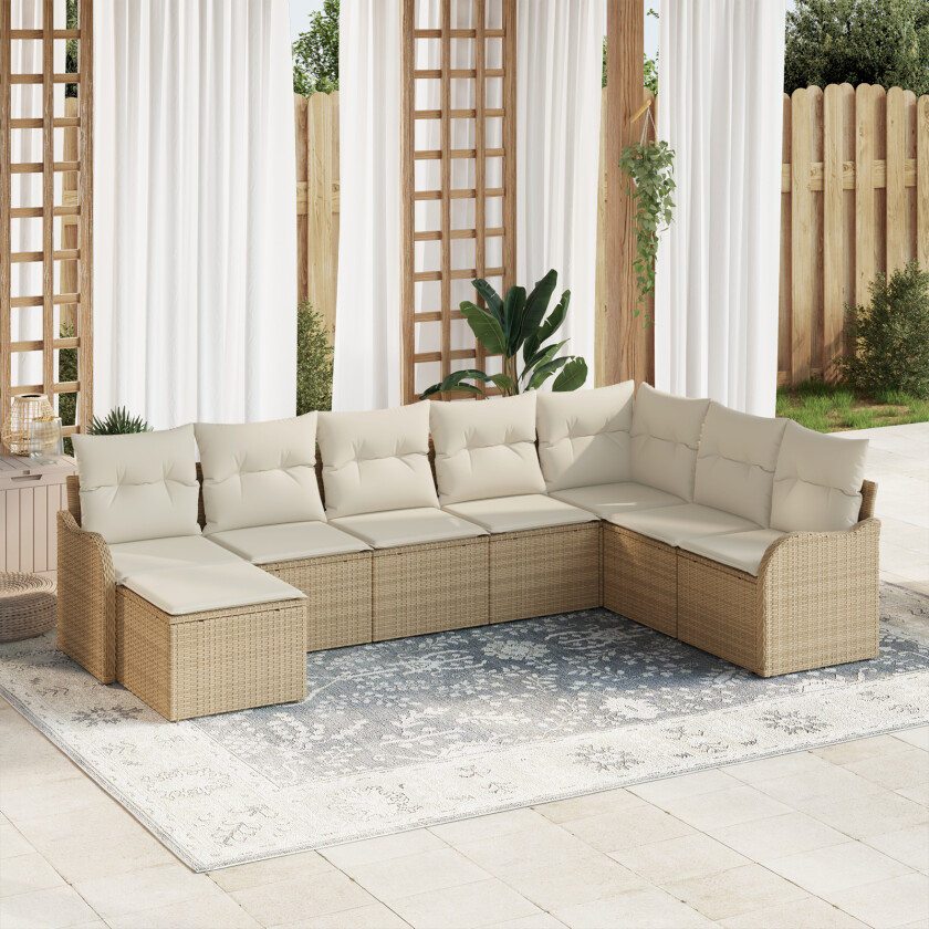 8-delt hagesofa-sett med puter i beige, Poly Rattan, 2-seters hagesofa med puter i beige, Poly Rattan