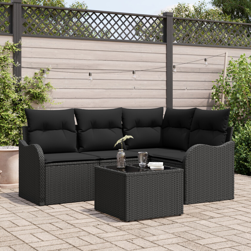 5 Delers Hagesofa Set med Puter Beige Poly Rattan, 2-seters Hagesofa med Puter Svart Poly Rattan