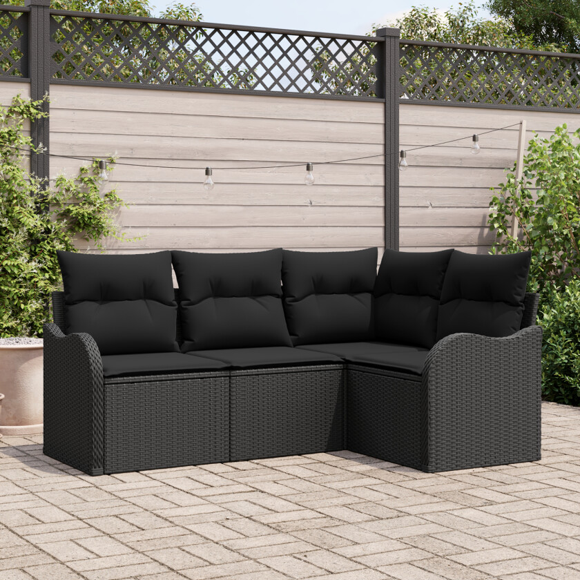 4 Delt Hage Sofa Sett med Puter Svart Poly Rattan, 2-seters Hage Sofa med Puter Svart Poly Rattan