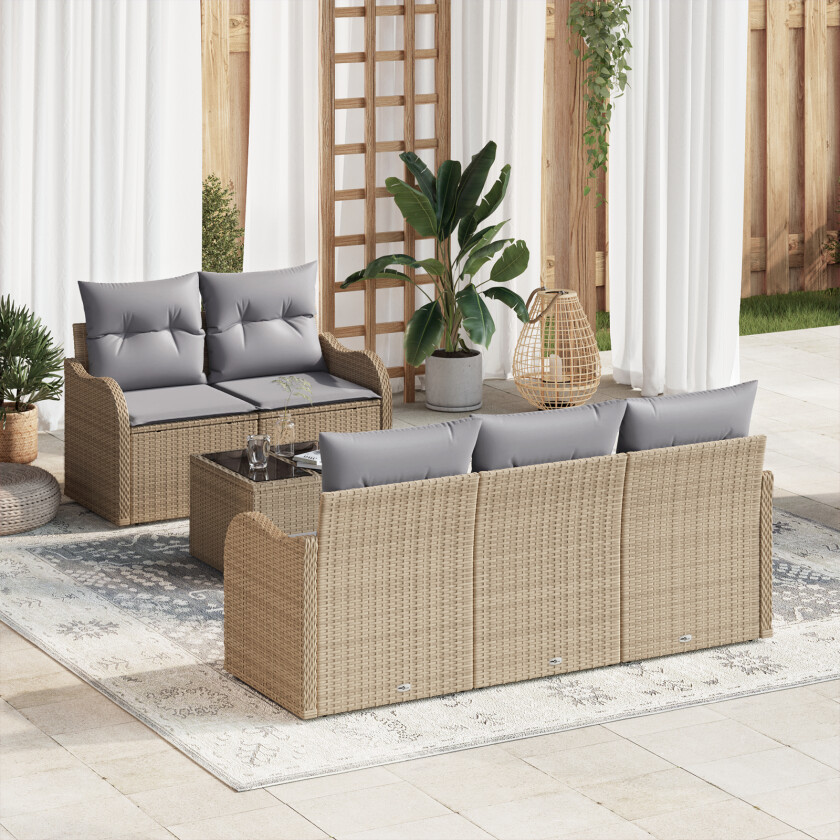 6 Delt Hage Sofa Sett med Puter Beige Poly Rattan, 2-seter Hage Sofa med Puter Beige Poly Rattan