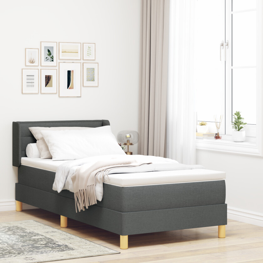 Kontinental seng med madrass Mørke grå 90x200 cm Stoff, Sengegavl Linjer Design Mørke grå 90 cm Stoff