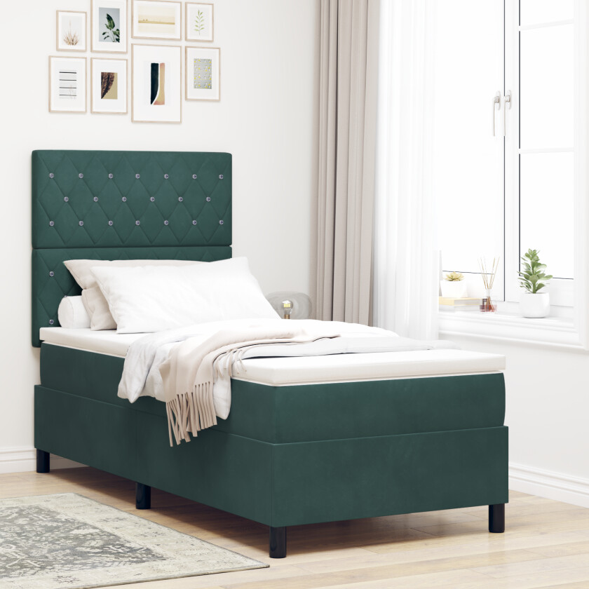 Kontinentalseng med madrass Mørkegrønn 100x200 cm Fløyel