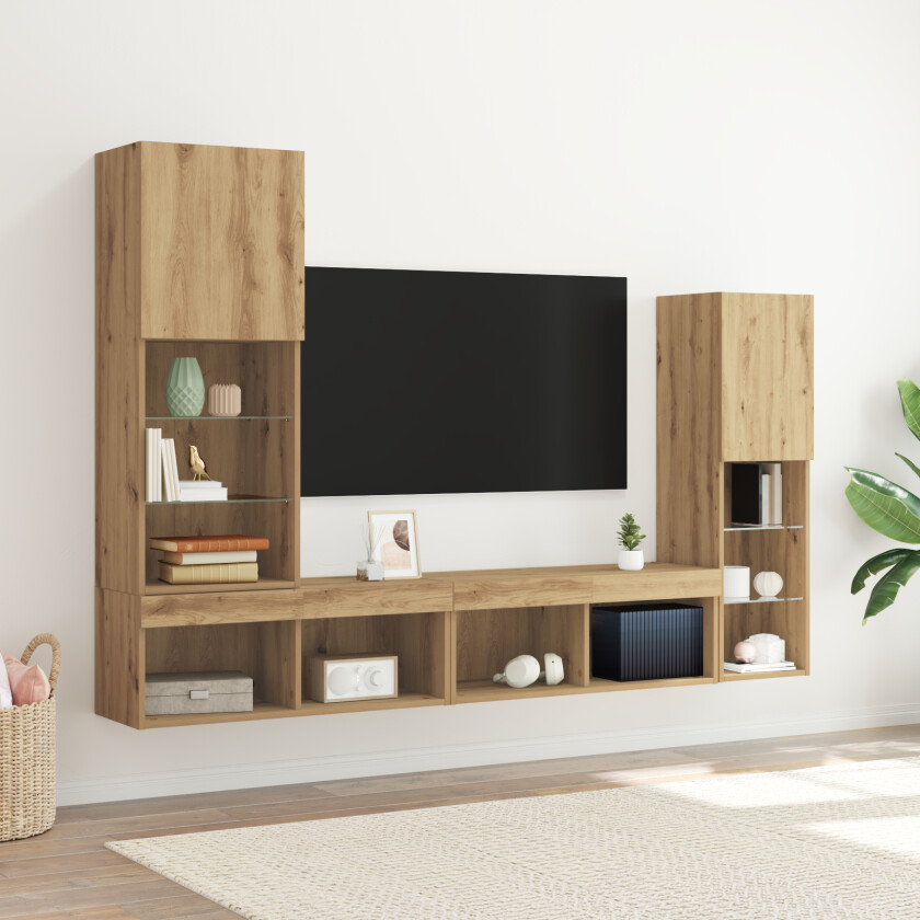 TV-skap med LED-lys Artisan Eik 40.5x30x102 cm, TV veggskap med LED-lys 2 stk Artisan Eik 80x30x30 cm