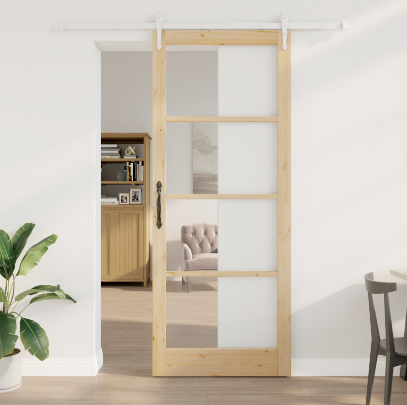 skyvedør med utstyrsett 93x232 cm massivt tre furu, innerdør med glass 'ORKDAL'93x232x4 cm massivt tre furu