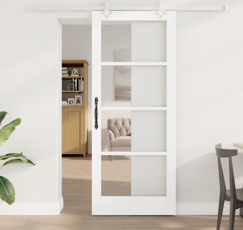 Skyvedør med utstyr sett Hvit 83x202 cm Massivt tre Furu, Innerdør med glass 'ORKDAL'Hvit 83x202x4 cm