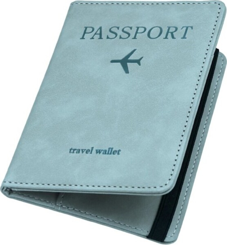 Passholder i PU-lær med RFID-blokkering, passomslag for reise, lommebok med kortspor og elastisk stropp, passomslag (himmelblå)