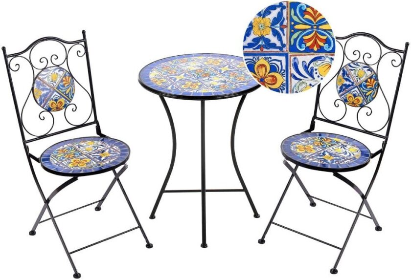Bistrosett for Utendørs Hage Svart Metall Jern Ramme Mosaikkfliser Mønster Bord Stoler Vintage Stil Utendørs