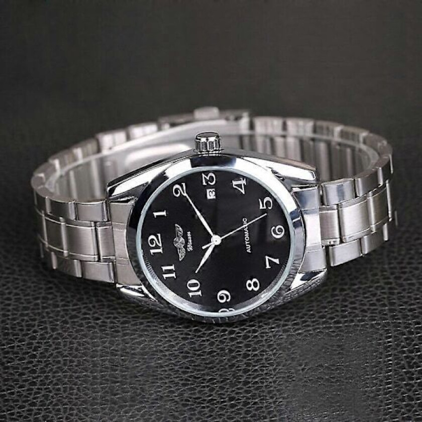 Menn Automatisk Mekanisk Armbåndsur i Rustfritt Stål med Dagskalender - Forretningsklokke i Stilig Design