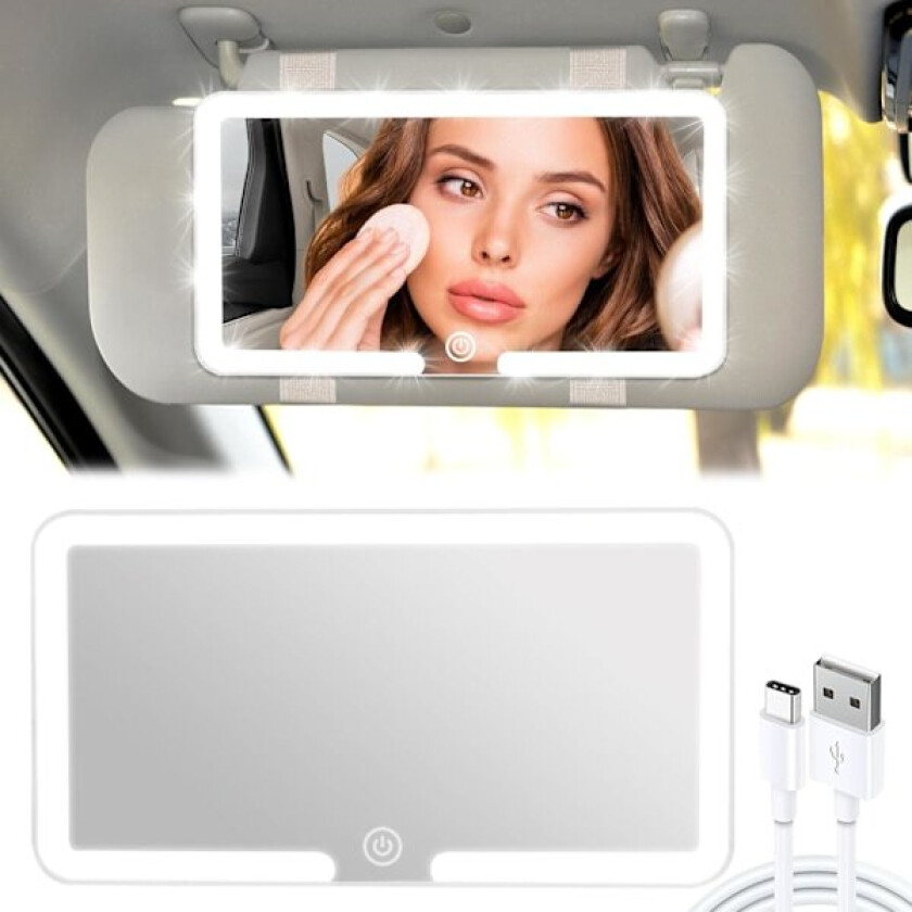 Bil Solskjerm Speil, Bil Sminkespeil med 3 Lysmoduser, Oppladbart Bil Sminkespeil for Bil Solskjerm, Bærbart LED Bil Speil, Hvit