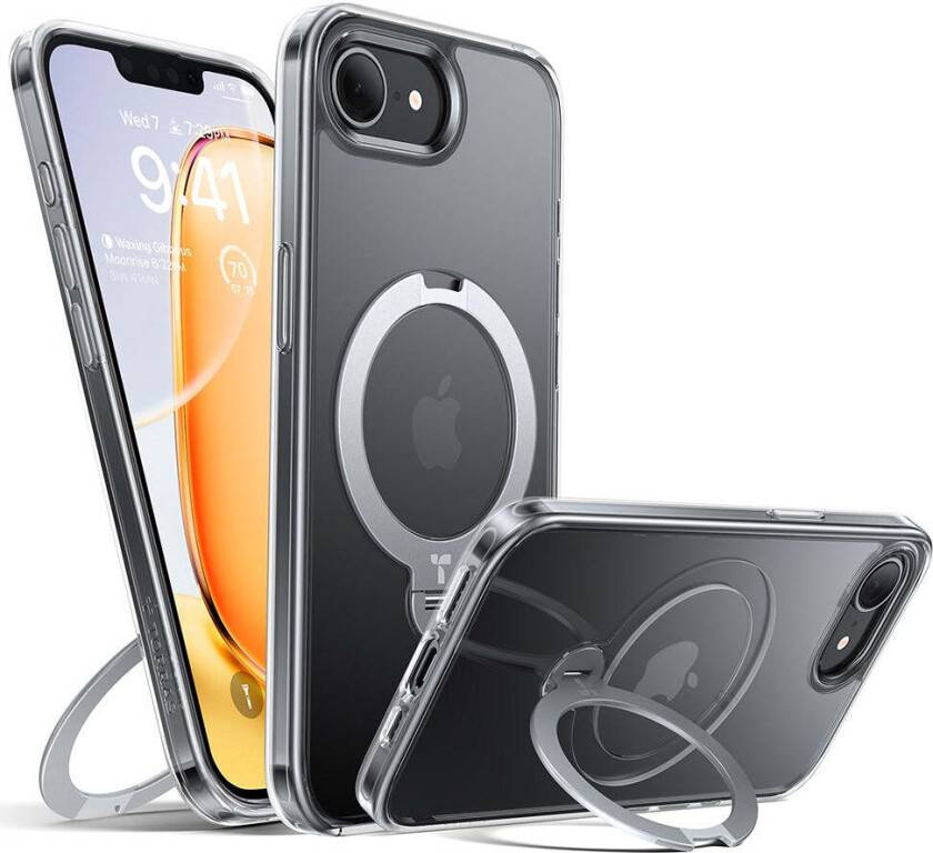 TORRAS iPhone 16e Ostand Spin Hybrid Deksel med Kickstand - Gjennomsiktig / Sølv