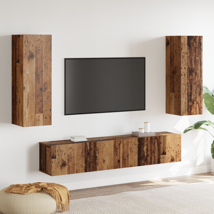 4 deler TV-skap sett Veggmontert gammelt tre laget tre