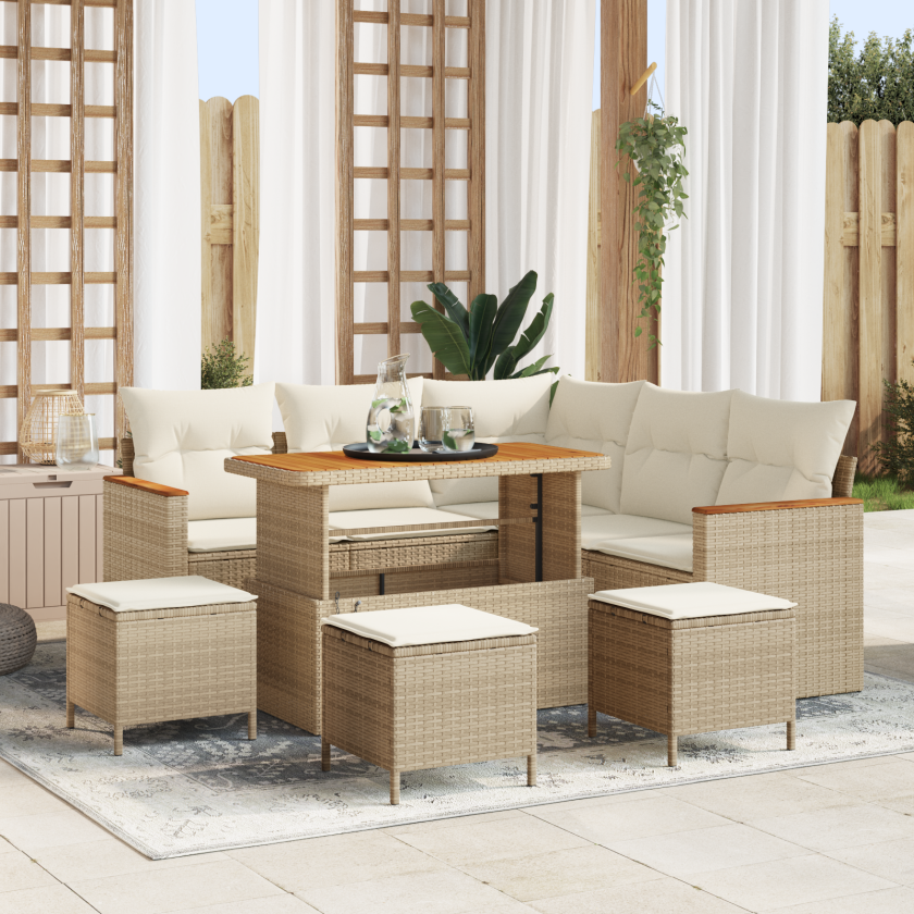 9 Delt Hage Sofa Set med Puter Beige Poly Rattan Akacia, 4 Delt Hage Spisesett med Puter Beige Poly Rattan Akacia