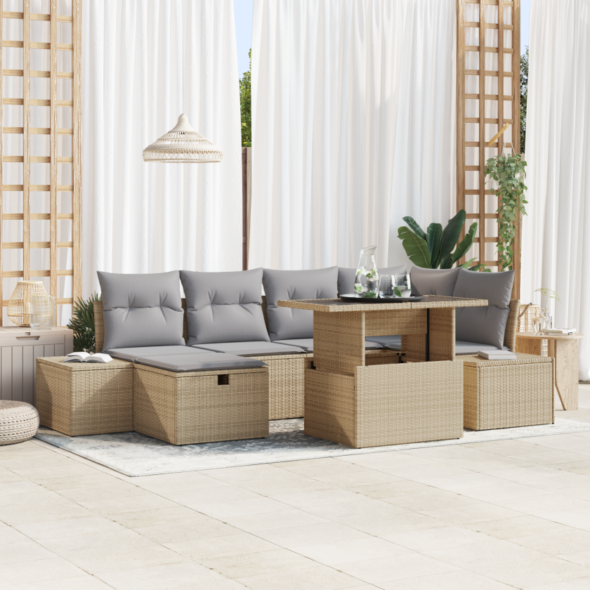 7-Delers Hagesofa Sett med Puter Beige Poly Rattan