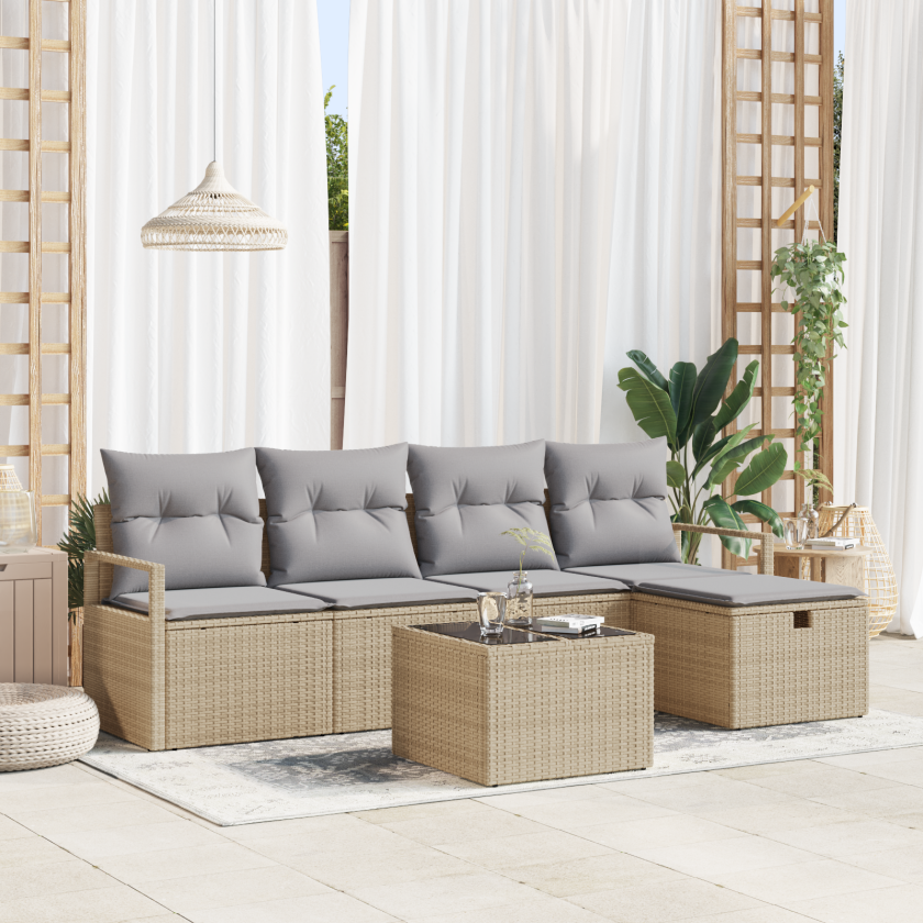 6 Delt Hagemøbelsett med Puter Beige Poly Rattan, 2-seter Hagesofa med Puter Beige Poly Rattan