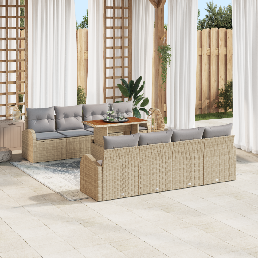 9-delers hage sofa sett med puter beige poly rattan, 2-seters hage sofa med lagring & puter beige poly rattan